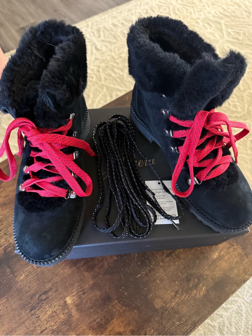 J. Crew Black Suede Faux Fur Ankle Boots with Red Laces